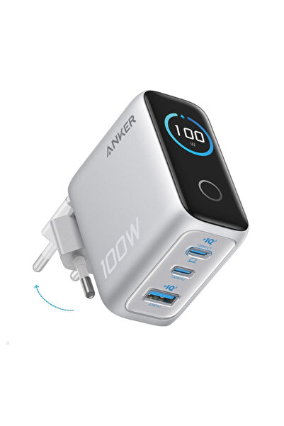 Anker Încărcător de rețea 100W, 2x USB-C, 1x USB-A, Display inteligent, Argin...