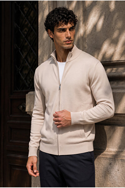 Valiberta Velaro Premium Lycra Zippered Men's Knitwear Cardigan - Stone