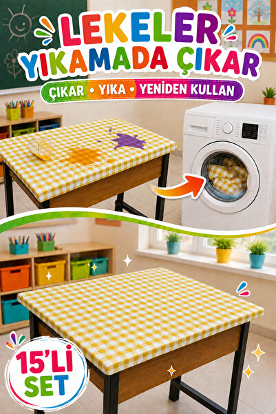 Soft Kare 15’li Yıkanabilir, Leke Tutmaz Lastikli Okul Sıra Örtüsü Seti – Ölçü Seçenekli, Öğretmen Masa Örtüsü Hediyeli