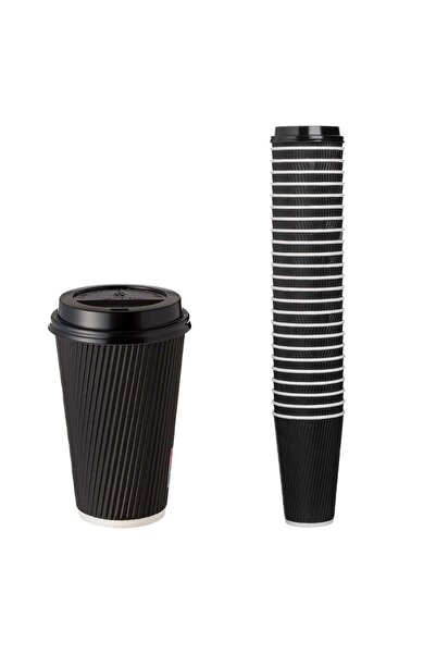 OEM Pahare de Carton Negre Ripple Intarite cu Capac Negru 480ml - 25buc