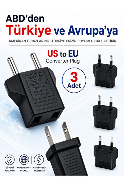 ANKTEK Abd’den Türkiye/Avrupa’ya Priz Çevirici Dönüştürücü US to EU Converter Plug Seyahat Adaptörü - 3 ADET -