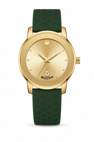 BOXER BX-078 Analog Wrist Watch – Gold-Tone Dial & Case with Dark Green Textured Silicone Strap, Date Display