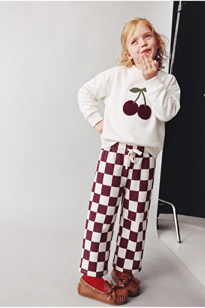 Magu Girl's Cherry Embroidered Ecru Sweatshirt and Checkerboard Patterned Swe...