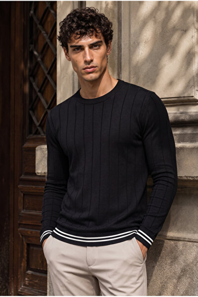 Valiberta Marino Stripe Detailed Lycra Crew Neck Slim Men's Knitwear Sweater ...