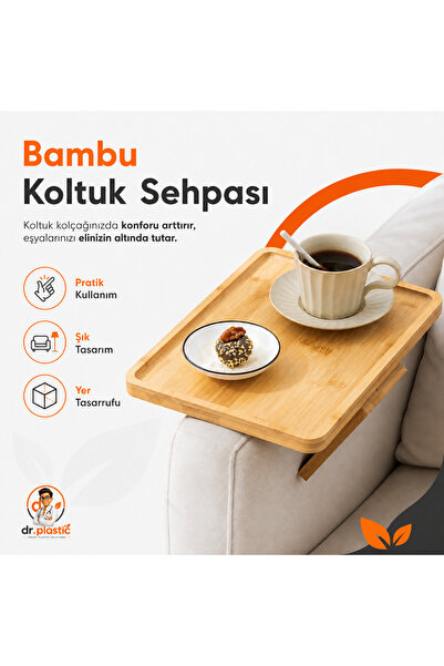dr.plastic Bambu Koltuk Sehpası Ahşap Kolçak Tepsisi Pratik Yan Sehpa