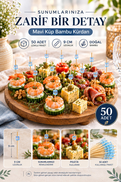 OpenCity 50’li Mavi Küp Bambu Kürdan 9 cm Parti Davet Kokteyl Kanepe Sunum Kü...