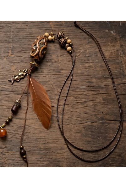 azra takı tasarım Handmade Ceramic Long Coffee-Toned Fish Figure Women's Neck...