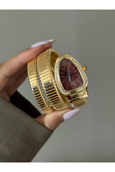 h&b design jewel ساعة يد ذهبية بقرص أحمر داكن على شكل ثعبان