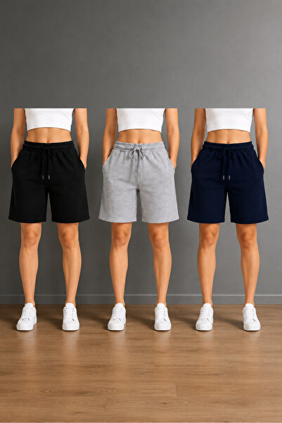 JULİA MODA 3 Pieces Women's Comfortable Cut Shorts (Black-Grey-Navy Blue)