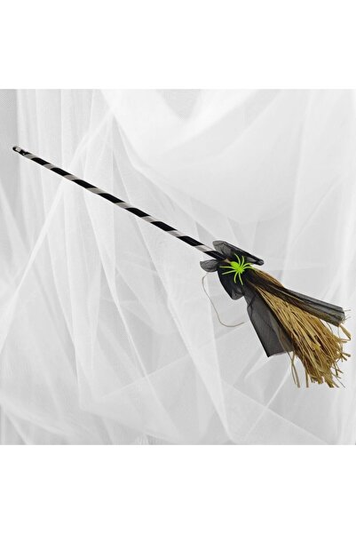 NET MARKET Halloween Doğal Rafya Cadı Süpürgesi 105 cm Tüllü Ve Örümcekli - C...