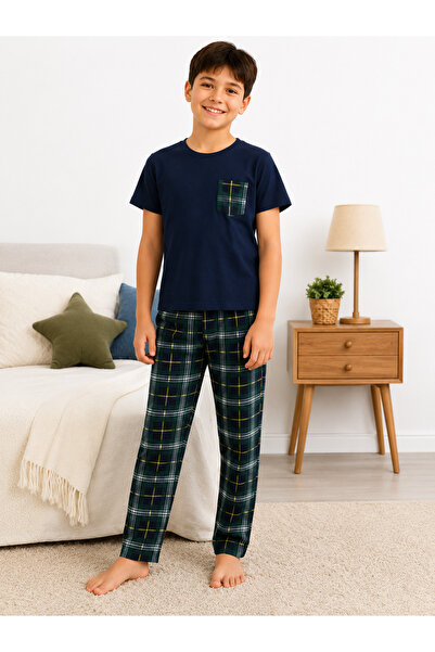 Nappyboo Erkek Çocuk Pijama Takımı Ekose Desenli Lacivert Tişört Uzun Pantolo...