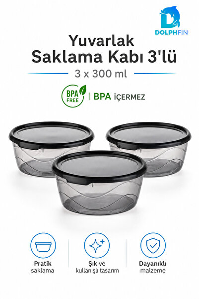 DolphFin 3-Piece Round Storage Container Set 3X300 ml with Transparent Black ...