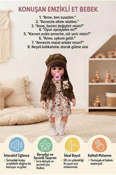 Tıfıl Toys %100 Et Emzikli 50 cm Sevimli Bebek Konuşan Gerçekçi İnteraktif Eğ...