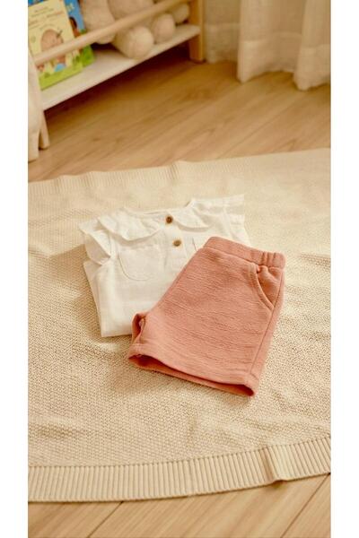 Sinem Çeyiz Nzr 23028 baby girl white scalloped ruffle blouse & shorts set