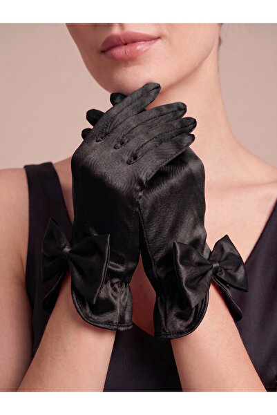 Mortex Black Big Bow Short Satin Women's Gloves – Accessory for Wedding, Enga...