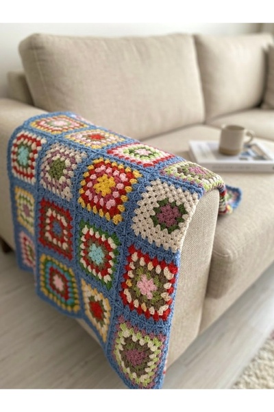 Arzu Demir 90X90 cm Hand Knitted Baby Blanket - Sofa Edge Shawl - Colorful Ethnic Pattern Motif Design