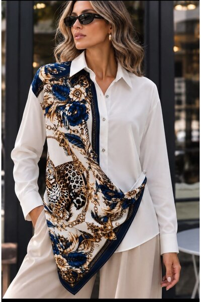LOKADI Women's White Scarf Detailed Asymmetrical Patterned Oversize Design Shirt
