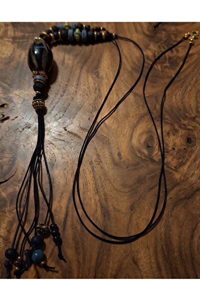 azra takı tasarım Handmade Ceramic Long Blue and Navy Blue Women's Necklace