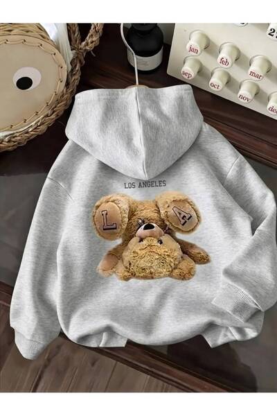 LELVANİ Unisex Los Angeles Reverse Bear Back Printed Hooded Sweatshirt