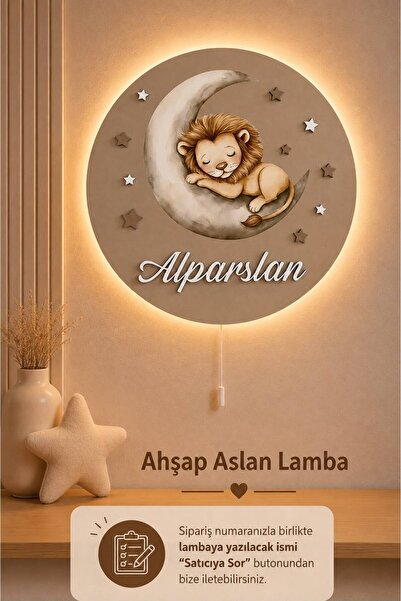 BugyBagy Ahşap Aylı Aslan Lamba İsme Özel Pilli Ledli Gece Lambası Bebek Çocu...