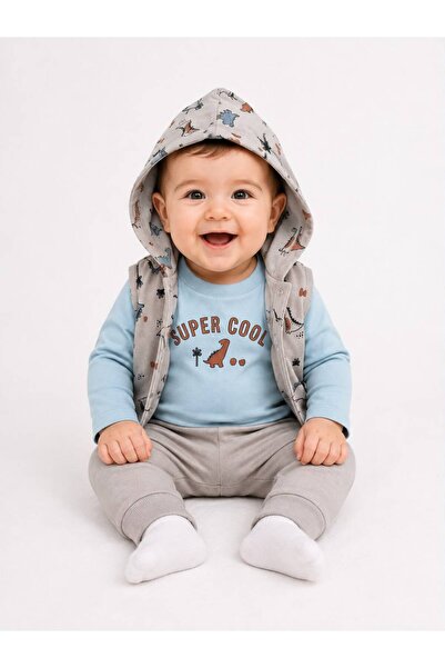Oz Baby Baby Boy Dinosaur Patterned Hooded Vest 3-Piece Set