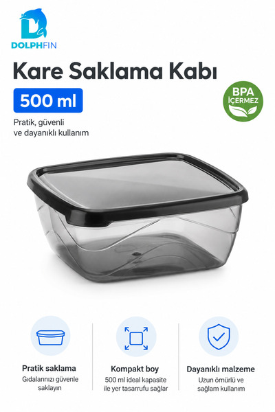 DolphFin Square Storage Container 500 ml Smoked Transparent Black Lid Refrige...