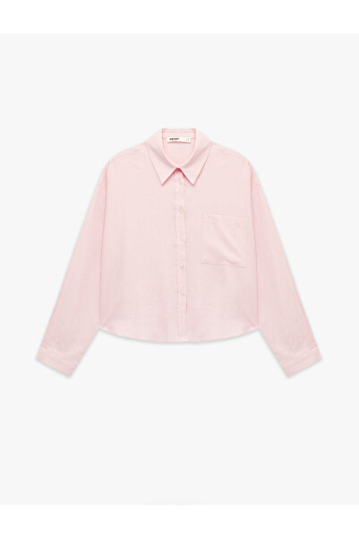 Koton Linen Blend Long Sleeve Crop Beach Shirt with Pocket Detail