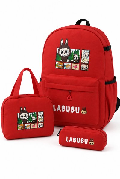 Toy Factory Red 3-Piece Bag Set for Girls – Large School Backpack, Medium Hand Bag & Small Pencil Pouch with Cute Cartoon Print