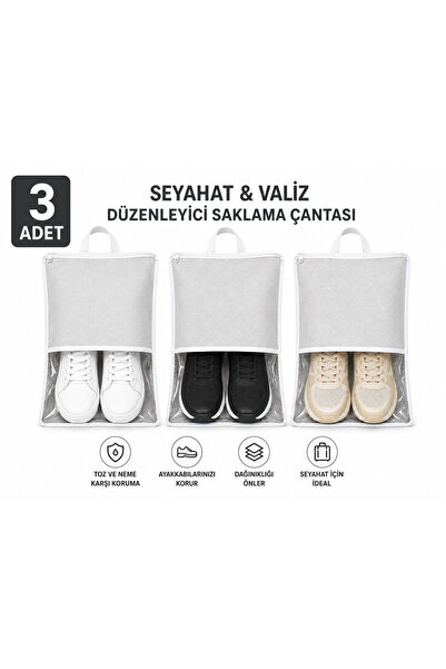 3'lü Ayakkabı Saklama Çantası Valiz İçi Düzenleyici Organizer 32x45 cm Açık Gri