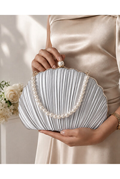 Famels Oyster Bag Silver Satin Pleated/Pillowed Evening Dress Bag Hand Bag We...