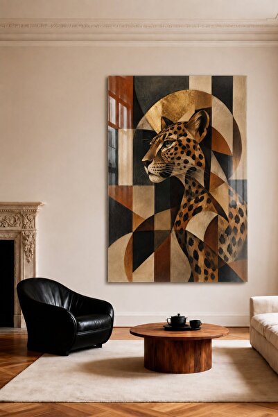 BUMATBAA Leopar Figürlü Geometrik Modern Temperli Cam Tablo – Siyah Kahve Alt...