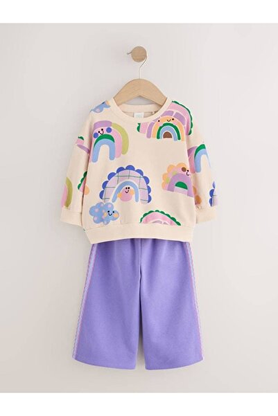 Patriko Girls' Autumn Rainbow Pattern 3-Thread Sweatshirt Pants Set 2-8 Years