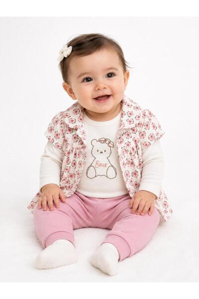 Oz Baby Baby Girl Floral Patterned Shirt and Teddy Bear Printed 3-Piece Set