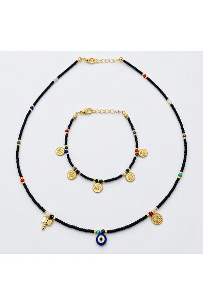 Muan Set Handmade Colier și Brățară cu Mărgele și Bănuți din Cupru