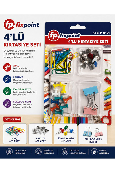 4'lü Kırtasiye Seti – Ataç, Raptiye, İğneli Raptiye ve Klips