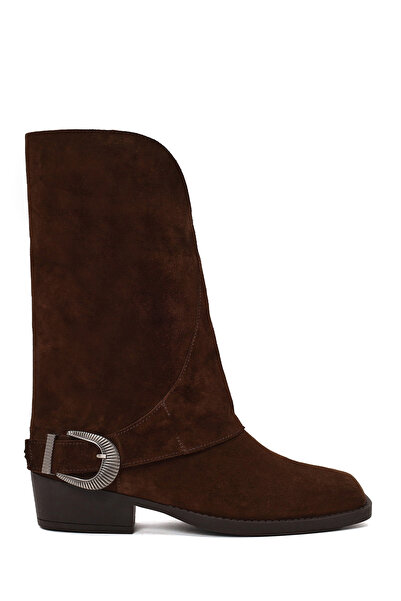 Derimod Women's Brown Buckle Short Thick Heeled Suede Leather Boots Af180023Ds