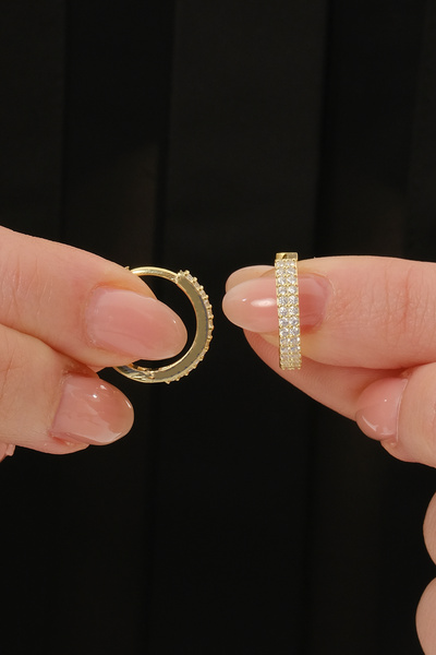 Silvano Jewelry 925 Ayar Gümüş Altın Kaplama Çift Sıra Taşlı Halka Küpe