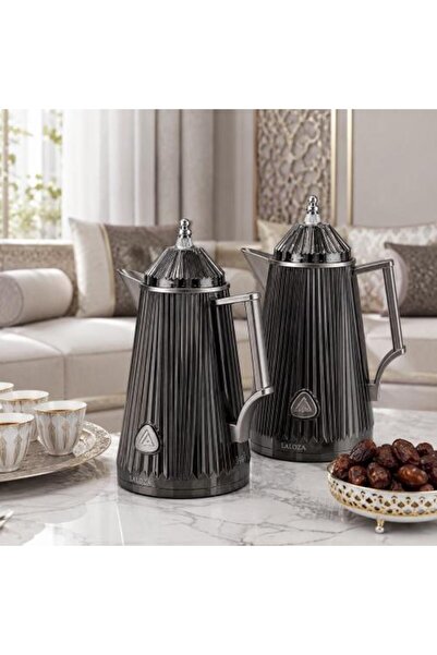 laverahome طقم ترامس قهوة وشاي فاخر – أسود لامع بتفاصيل فضية أنيقةي بتصميم مخ...