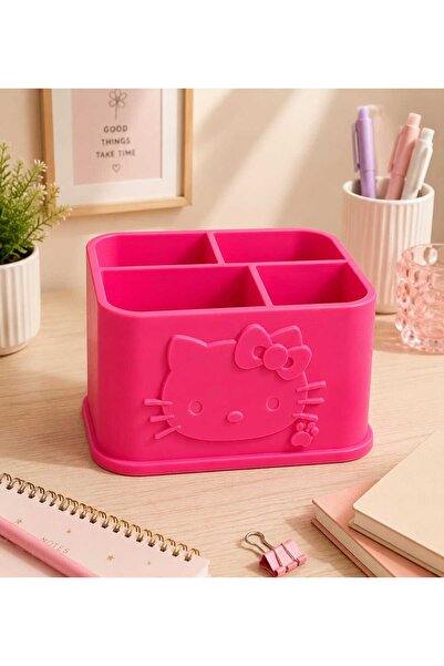 Luvena Pink Desktop Organizer Pen Holder with Hello Kitty Figure – Multi-Compartment Stationery and Makeup Organizer