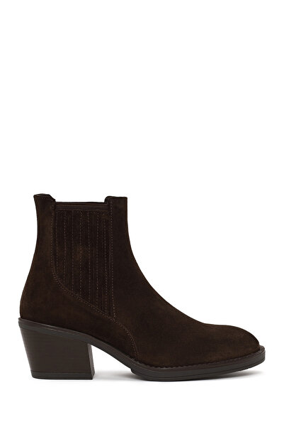 Derimod Women's Brown Thick Heeled Suede Leather Chelsea Boots Af190040Ds