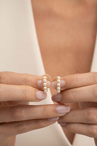 Silvano Jewelry 925 Ayar Gümüş Gold Kaplama Sıralı İnci Model Küpe