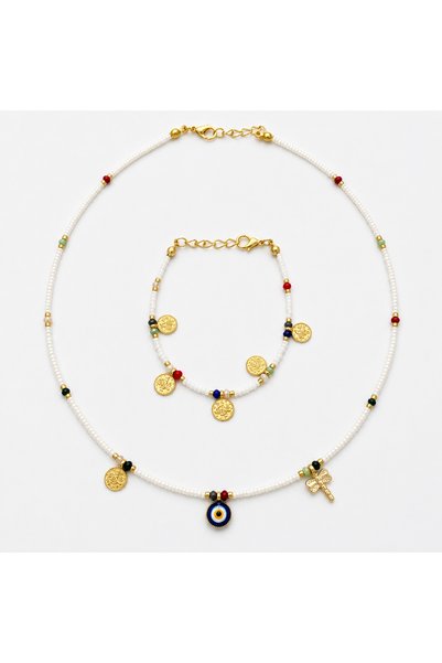 Muan Set Handmade Colier și Brățară cu Mărgele și Bănuți din Cupru