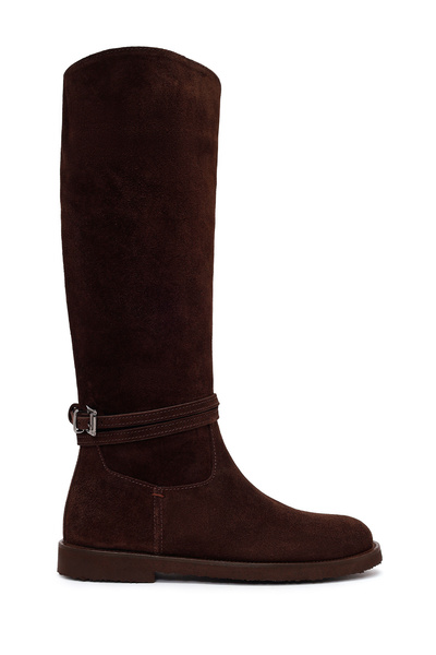 Derimod Women's Brown Buckle Detailed Suede Leather Boots Wf190067Ds
