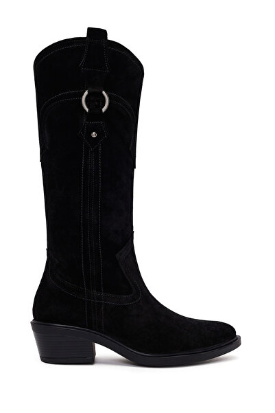 Derimod Women's Black Short Thick Heeled Suede Leather Cowboy Boots Af190037Ds