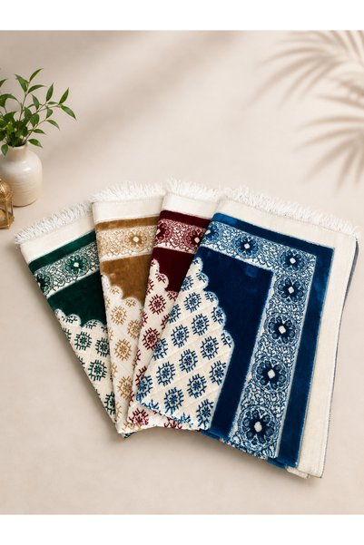 Pamuklife 4-Piece Ultra Luxury Velvet Woven Prayer Mat with Soft Texture and Fringed Mihrimah Pattern
