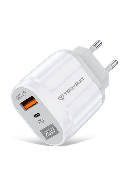 Techsuit Încărcător USB-A, QC 3.0, USB-C, 20W - Premium (CHPD038) - Alb