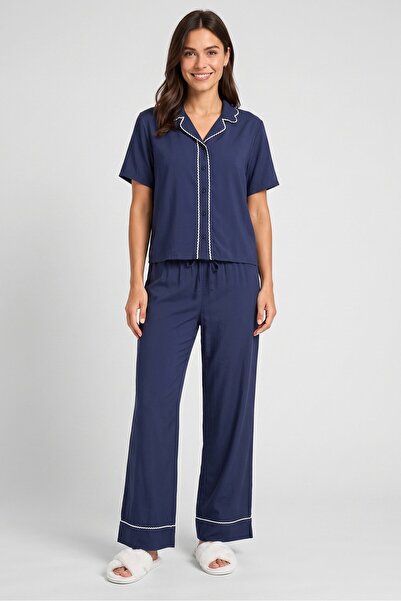 Bebe Women 2 Pieces Plain Short Sleeve Top And Pants Pajama Set, Navy Blue