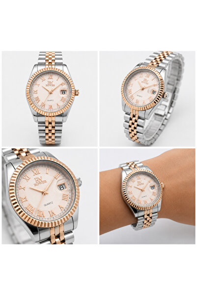 Rower Ceas de damă Quartz, cadran 35 mm, brățară metalică bicoloră, cifre romane