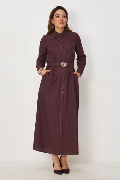 Alvina Belted Shirt Collar Linen Dress 46809