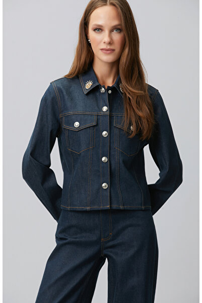 Network Koyu Indigo Mavi Yaka Aksesuarlı Denim Mont